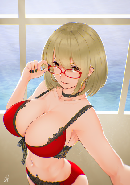 Anime picture 2935x4175 with original hayabusa single tall image looking at viewer blush fringe highres short hair breasts open mouth light erotic blonde hair hair between eyes large breasts standing brown eyes cleavage nail polish fingernails