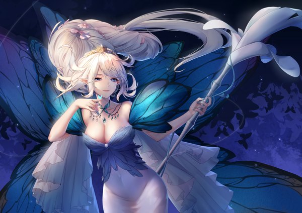 Anime picture 3508x2480 with final fantasy square enix titania (final fantasy) ajio (pixiv7718798) single long hair looking at viewer fringe highres breasts blue eyes light erotic large breasts standing bare shoulders absurdres cleavage white hair nail polish fingernails