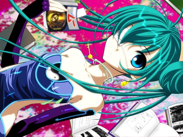 Anime picture 1339x1003 with vocaloid hatsune miku green hair girl fingerless gloves book (books) jewelry eyepatch key