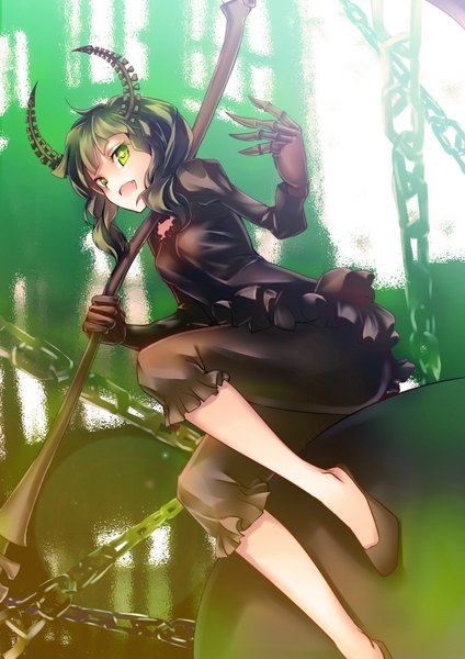 Anime picture 1500x2121 with black rock shooter dead master mikoto (mio) single long hair tall image open mouth sitting green eyes horn (horns) green hair girl dress shoes chain scythe
