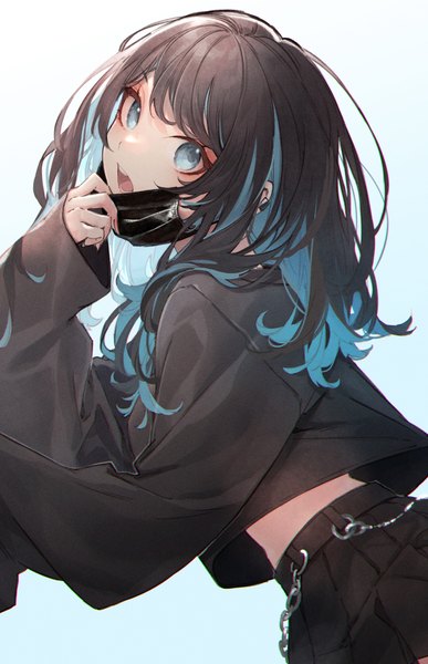 Anime picture 3237x5016 with original kuwashima rein single long hair tall image looking at viewer fringe highres open mouth black hair simple background absurdres blunt bangs long sleeves multicolored hair aqua eyes fingernails two-tone hair teeth sleeves past wrists