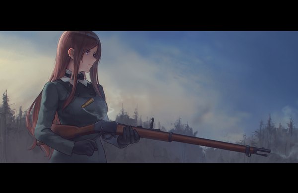 Anime picture 1350x875 with princess principal dorothy (princess principal) genso single long hair fringe breasts brown hair standing purple eyes holding payot looking away sky cloud (clouds) outdoors profile light smile letterboxed casing ejection