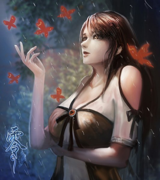 Anime picture 1000x1125 with turewindwalker single long hair tall image fringe breasts open mouth brown hair large breasts standing bare shoulders brown eyes looking away realistic looking up rain autumn girl insect butterfly