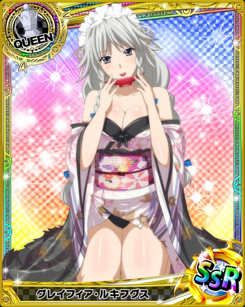 Anime picture 640x800 with highschool dxd grayfia lucifuge single long hair tall image looking at viewer light erotic braid (braids) traditional clothes japanese clothes grey hair grey eyes torn clothes card (medium) kikumon girl underwear panties headdress kimono