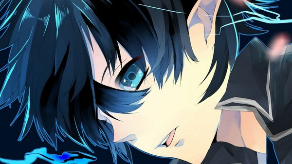 Anime picture 1920x1080 with ao no exorcist a-1 pictures okumura rin single highres short hair open mouth black hair wide image profile aqua eyes pointy ears portrait dark background face boy