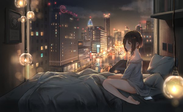 Anime picture 1967x1200 with original catzz single fringe highres short hair brown hair wide image sitting bare shoulders brown eyes looking away cloud (clouds) full body indoors profile barefoot off shoulder night bare legs
