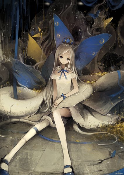 Anime picture 707x1000 with original asahiro long hair tall image looking at viewer blue eyes blonde hair sitting bare shoulders signed girl dress ribbon (ribbons) bow animal white dress insect butterfly crown snake
