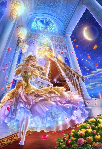 Anime picture 822x1200 with original takashi mare single long hair tall image blue eyes blonde hair sky cloud (clouds) night girl dress gloves flower (flowers) petals elbow gloves rose (roses) moon tiara