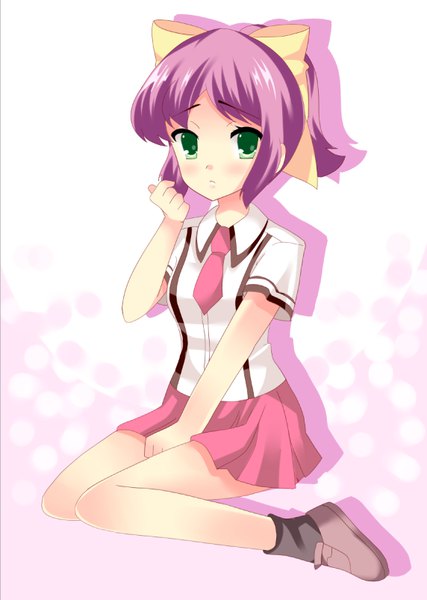 Anime picture 572x803 with baka to test to shoukanjuu silver link shimada minami juul single tall image looking at viewer blush fringe short hair simple background sitting green eyes pink hair full body bent knee (knees) pleated skirt arm up shadow gradient background