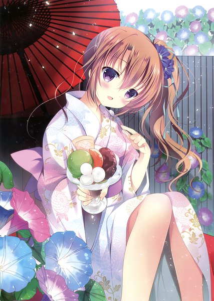 Anime-Bild 2494x3500 mit original shirogane hina single long hair tall image looking at viewer blush highres open mouth brown hair sitting purple eyes traditional clothes head tilt japanese clothes scan side ponytail outstretched hand summer girl