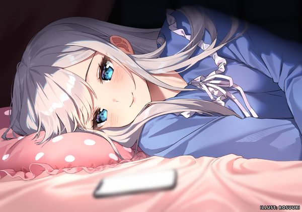 Anime picture 1421x996 with rosuuri single long hair looking at viewer blush fringe smile signed silver hair upper body lying blurry official art on side polka dot girl pillow mobile phone smartphone