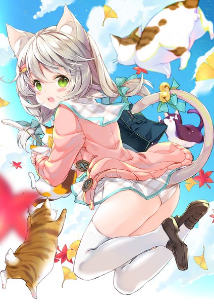 Anime picture 1414x2000 with original juna single long hair tall image looking at viewer blush fringe open mouth light erotic hair between eyes twintails holding green eyes animal ears sky cloud (clouds) full body bent knee (knees) tail