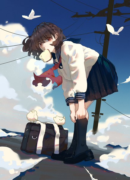 Anime picture 655x900 with original atianshi single tall image looking at viewer short hair brown hair standing holding brown eyes sky cloud (clouds) full body leaning leaning forward mouth hold adjusting clothes adjusting legwear girl uniform