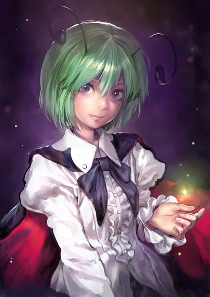 Anime picture 700x990 with touhou wriggle nightbug matsuda (matsukichi) single tall image looking at viewer short hair purple eyes green hair puffy sleeves antennae girl shirt insect cape fireflies