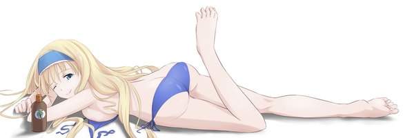 Anime picture 2000x667 with infinite stratos 8bit cecilia orcott hpflower (artist) single long hair breasts blue eyes light erotic simple background blonde hair smile wide image white background lying one eye closed barefoot wink girl swimsuit