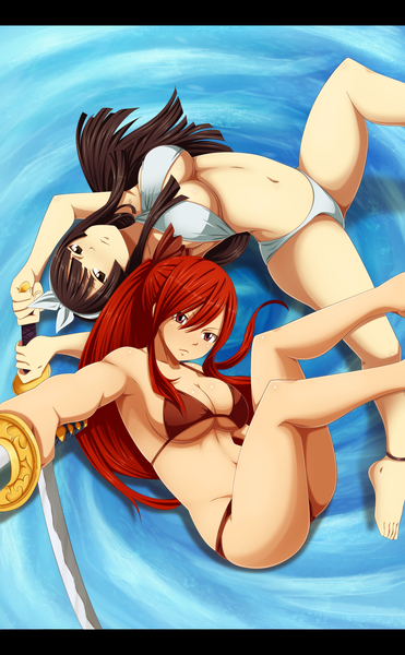 Anime picture 1875x3025 with fairy tail erza scarlet mikazuchi kagura belucen long hair tall image highres light erotic brown hair multiple girls brown eyes ponytail red hair armpit (armpits) coloring girl navel ribbon (ribbons) weapon 2 girls