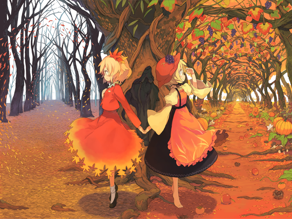 Anime picture 1601x1200 with touhou aki minoriko aki shizuha morino hon short hair blonde hair standing multiple girls looking away outdoors long sleeves profile barefoot wide sleeves holding hands siblings back to back bare tree sisters autumn
