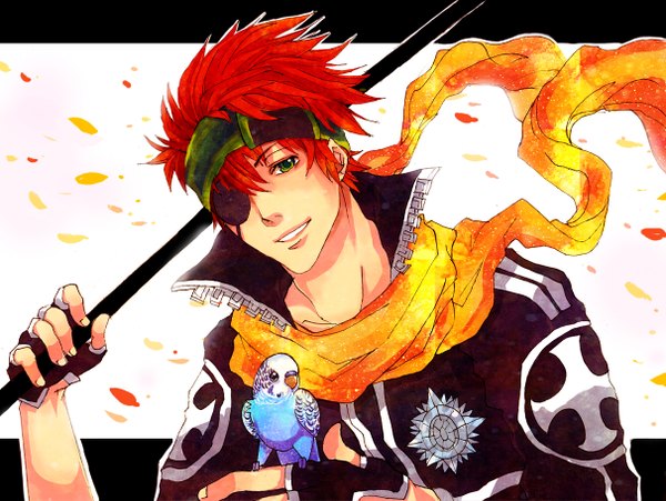 Anime picture 1212x913 with d.gray-man lavi single short hair smile green eyes red hair open collar boy weapon animal petals hairband scarf fingerless gloves bird (birds) eyepatch parrot