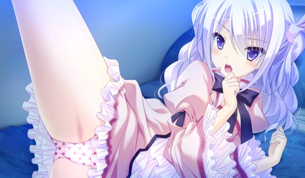Anime picture 1024x600 with prestar long hair blush open mouth light erotic wide image purple eyes game cg white hair girl dress underwear panties bed