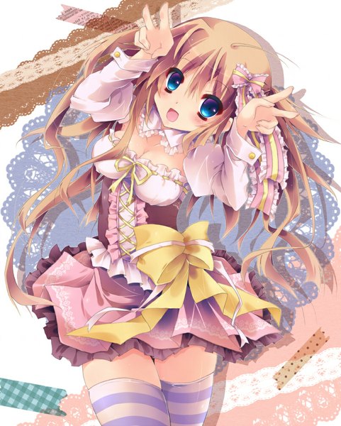 Anime picture 803x1000 with original amanatsu yuzuka single long hair tall image looking at viewer blush open mouth blue eyes brown hair girl thighhighs dress bow hair bow frills striped thighhighs