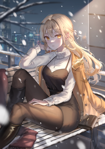 Anime picture 3188x4500 with original wolla single long hair tall image looking at viewer fringe highres breasts blonde hair hair between eyes sitting yellow eyes absurdres bent knee (knees) outdoors long sleeves arm up night night sky