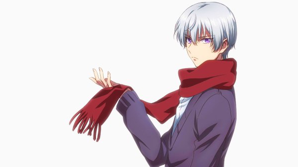 Anime picture 1280x720 with kakumeiki valvrave sunrise (studio) l-elf karlstein single looking at viewer fringe short hair simple background wide image white background purple eyes grey hair boy scarf sweater