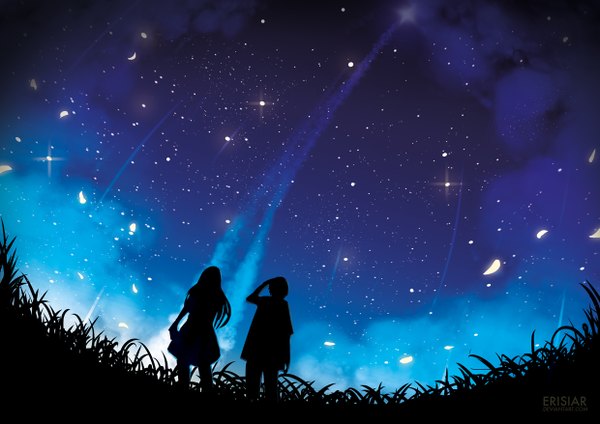 Anime picture 1240x877 with original erisiar long hair short hair multiple girls signed sky cloud (clouds) arm up from behind inscription night night sky looking up smoke hand on head silhouette girl dress 2 girls