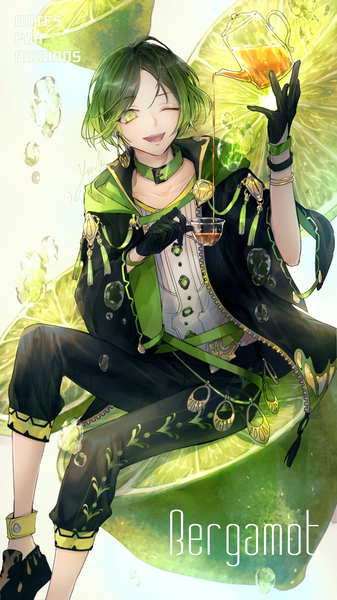 Anime picture 1080x1920 with original nemumi no sora single tall image looking at viewer short hair open mouth sitting green eyes one eye closed green hair wink text english ;d boy gloves black gloves bracelet collar