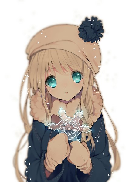Anime picture 708x1000 with original rugo single tall image looking at viewer open mouth blue eyes simple background blonde hair white background winter transparent girl coat cap snowflake (snowflakes) winter clothes mittens
