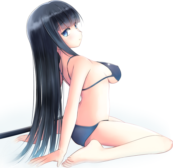 Anime picture 1000x975 with original kirimoti34 single long hair looking at viewer breasts blue eyes light erotic black hair simple background white background girl swimsuit bikini