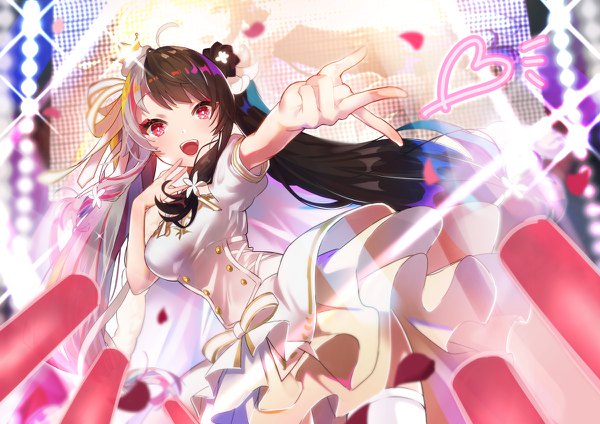 Anime picture 1200x848 with virtual youtuber nijisanji yorumi rena otoufu (gotouhu) single long hair open mouth black hair twintails silver hair :d pink eyes multicolored hair two-tone hair sparkle outstretched arm girl heart crown mini crown