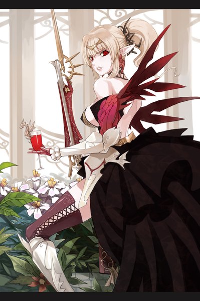 Anime picture 1231x1850 with original penguin caee single tall image blonde hair red eyes looking back pointy ears back girl thighhighs flower (flowers) weapon earrings glass wine glass