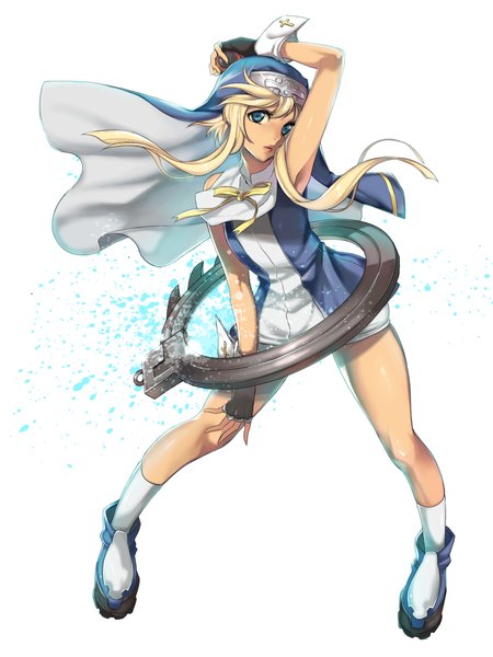 Anime picture 1152x1536 with guilty gear guilty gear xx bridget (guilty gear) wadani hitonori single long hair tall image blue eyes blonde hair simple background standing white background full body arm up armpit (armpits) shiny skin otoko no ko shiny crossdress dress