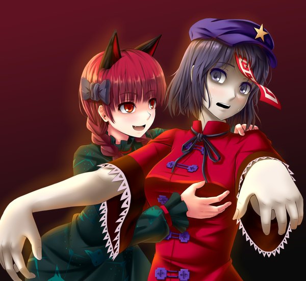 Anime picture 1920x1760 with touhou kaenbyou rin miyako yoshika gayprince fringe highres short hair black hair red eyes multiple girls animal ears red hair braid (braids) black eyes cat ears teeth fang (fangs) twin braids red background extra ears