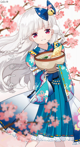 Anime picture 548x1000 with puri para pretty (series) kouda michiru cake (isiofb) single long hair tall image looking at viewer fringe red eyes holding signed white hair blunt bangs braid (braids) traditional clothes japanese clothes twin braids cherry blossoms new year