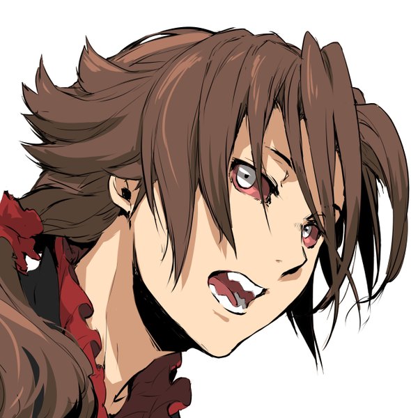 Anime picture 2600x2644 with baccano! christopher shouldered enami katsumi single long hair tall image highres open mouth simple background brown hair white background teeth portrait low ponytail white eyes red sclera boy