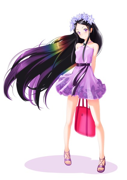Anime picture 1023x1447 with original nanahime (aoi) single long hair tall image black hair simple background white background purple eyes multicolored hair girl dress flower (flowers) bag sundress
