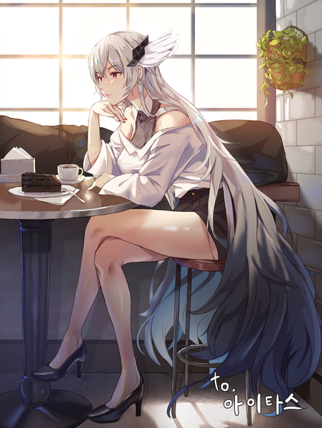 Anime picture 1000x1329 with original niac single long hair tall image fringe breasts hair between eyes red eyes sitting bare shoulders looking away silver hair full body indoors nail polish fingernails off shoulder bare legs high heels