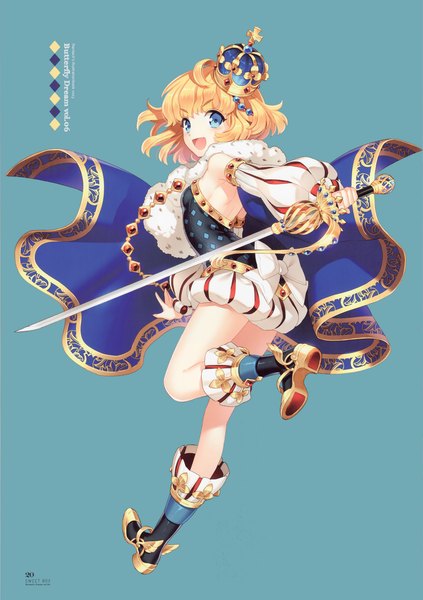 Anime picture 2471x3505 with original nardack single tall image blush highres short hair open mouth blue eyes blonde hair girl dress weapon detached sleeves sword boots crown