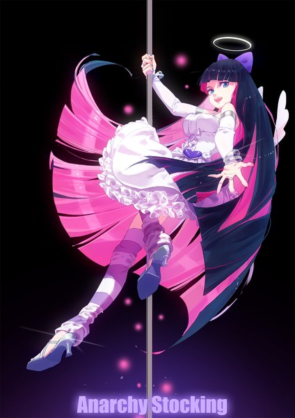 Anime picture 1181x1670 with panty & stocking with garterbelt anarchy stocking tss-mire single tall image looking at viewer blue eyes black hair pink hair full body very long hair multicolored hair high heels character names black background colored inner hair outstretched hand pole dancing girl dress