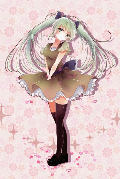 Anime picture 1057x1577 with vocaloid hatsune miku kurana single long hair tall image looking at viewer blush smile twintails green eyes green hair crossed legs pink background girl thighhighs dress flower (flowers) black thighhighs shoes