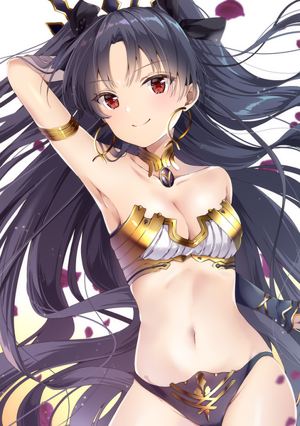Anime picture 762x1084 with fate (series) fate/grand order toosaka rin ishtar (fate) yoshida iyo single long hair tall image looking at viewer blush fringe breasts light erotic black hair simple background smile red eyes white background cleavage blurry