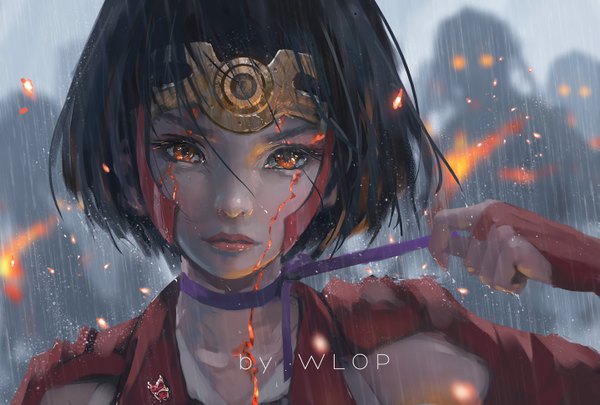 Anime picture 1437x971 with koutetsujou no kabaneri wit studio mumei (kabaneri) wlop looking at viewer short hair black hair holding signed upper body outdoors head tilt lips blurry realistic wet orange eyes depth of field lipstick glowing