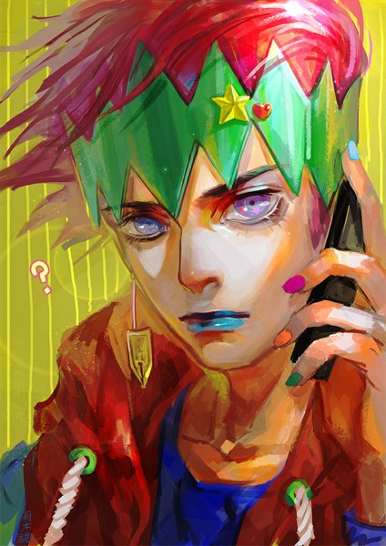 Anime picture 720x1018 with jojo no kimyou na bouken kishibe rohan oreki genya single tall image looking at viewer short hair pink hair nail polish lipstick heterochromia ? multicolored nail polish blue lipstick boy earrings hairband hood mobile phone hoodie