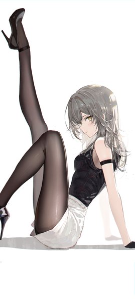 Anime picture 1659x3704 with honkai: star rail honkai (series) trailblazer (honkai: star rail) stelle (honkai: star rail) hidulume single long hair tall image looking at viewer fringe simple background hair between eyes white background sitting yellow eyes full body grey hair arm support high heels legs