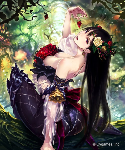 Anime picture 750x900 with shingeki no bahamut granblue fantasy rose queen hisakata souji single long hair tall image looking at viewer breasts open mouth light erotic black hair red eyes sitting bare shoulders holding bent knee (knees) looking back leaning bare back