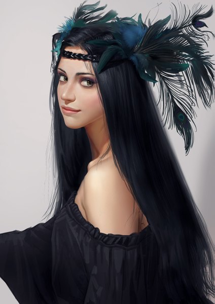 Anime picture 919x1300 with solid-art single long hair tall image black hair simple background smile looking away looking back hair flower lips black eyes realistic off shoulder grey eyes eyeshadow girl hair ornament flower (flowers) feather (feathers)