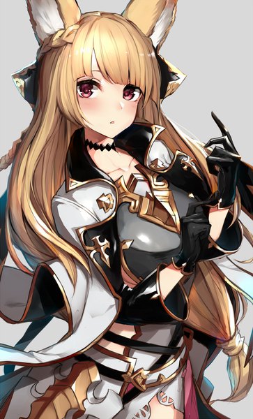 Anime picture 960x1584 with granblue fantasy yuisis (granblue fantasy) watao single long hair tall image looking at viewer blush fringe open mouth light erotic simple background blonde hair red eyes standing holding animal ears upper body braid (braids) parted lips