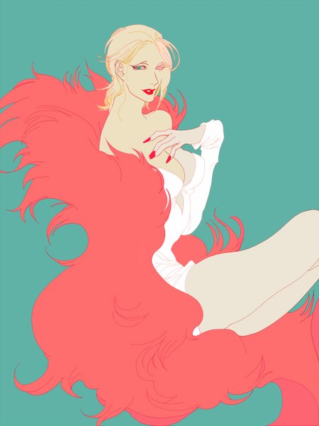 Anime picture 1000x1333 with one piece toei animation donquixote doflamingo xianrou men single tall image looking at viewer short hair breasts light erotic blonde hair simple background large breasts sitting bare shoulders cleavage nail polish aqua eyes fingernails lipstick