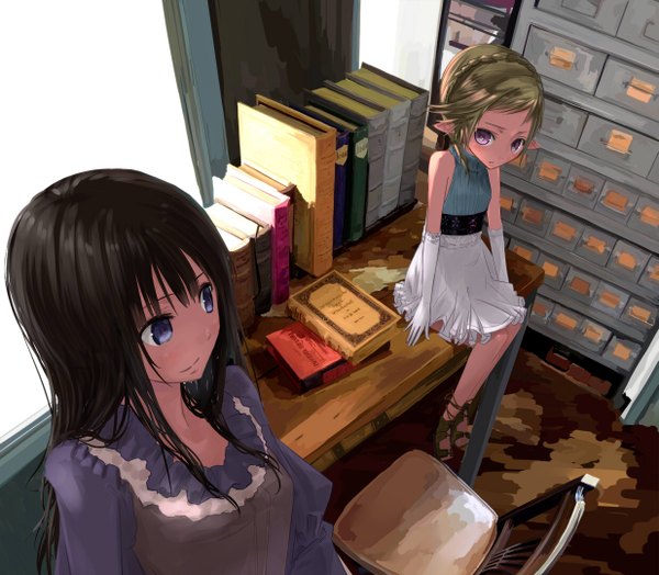 Anime picture 1235x1080 with original mikipuruun no naegi blue eyes black hair blonde hair multiple girls pink eyes pointy ears girl 2 girls book (books) table